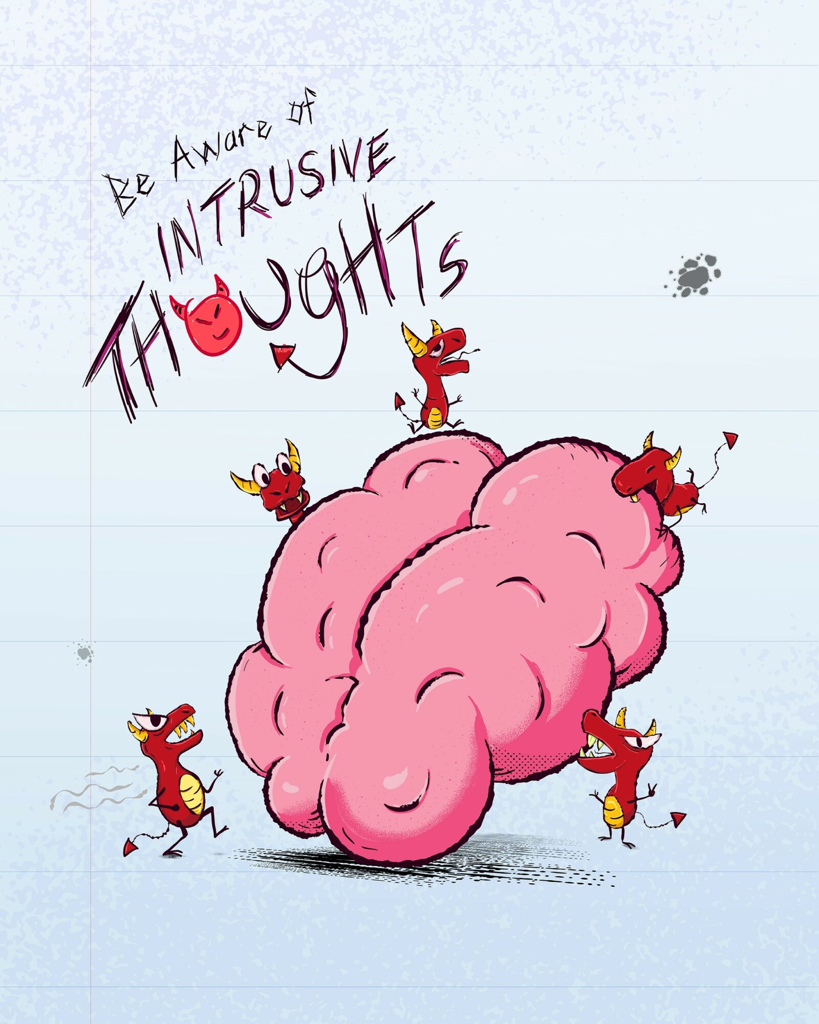 Colorful cartoon mice surrounding a large pink cloud, with handwritten text about being aware of intrusive thoughts.
