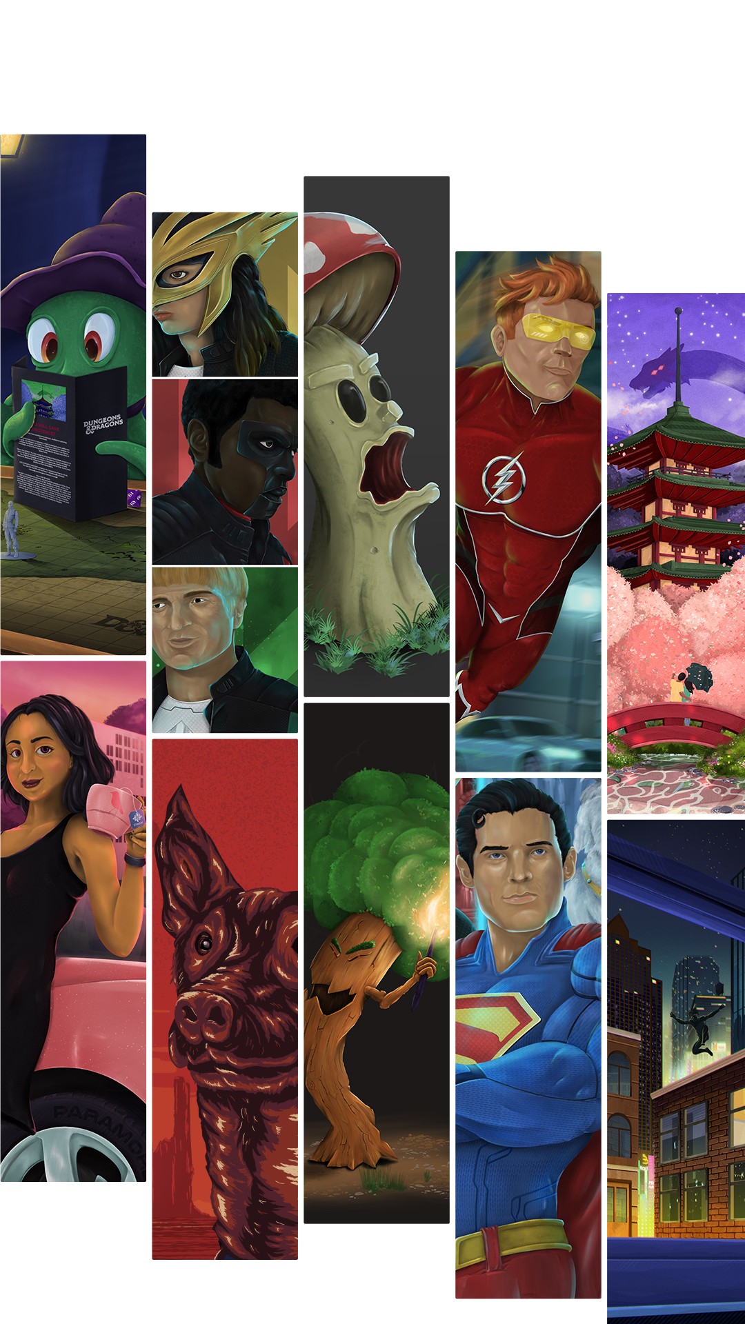 Collage of various animated characters and scenes, including a purple creature, a tree with a face, a superhero, and a pagoda.