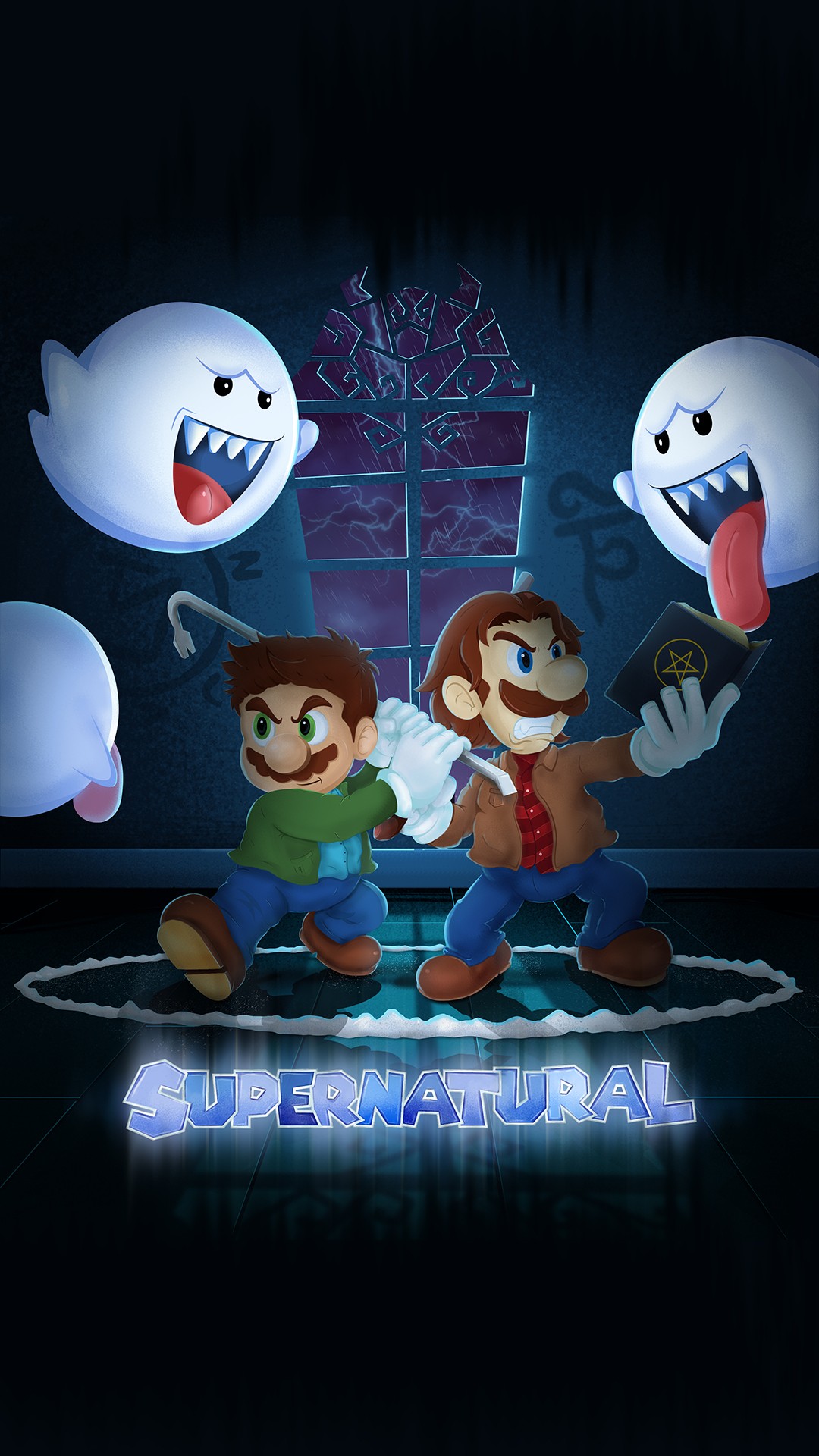 Two children sit on a glowing platform with two ghost-like characters, a dark background with a window and a tree silhouette.