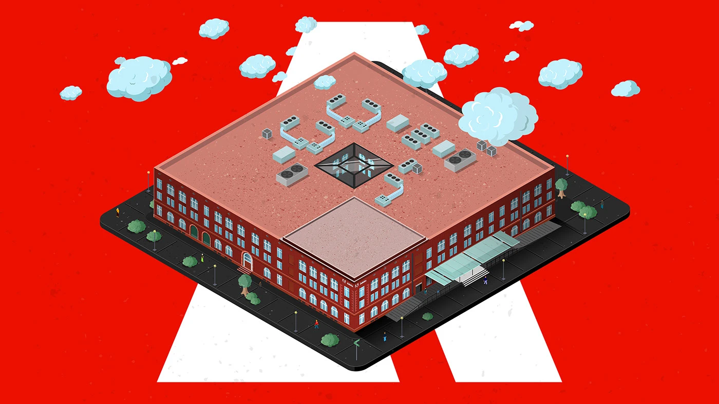 A digital illustration of a building on a circuit board with clouds and a red background.