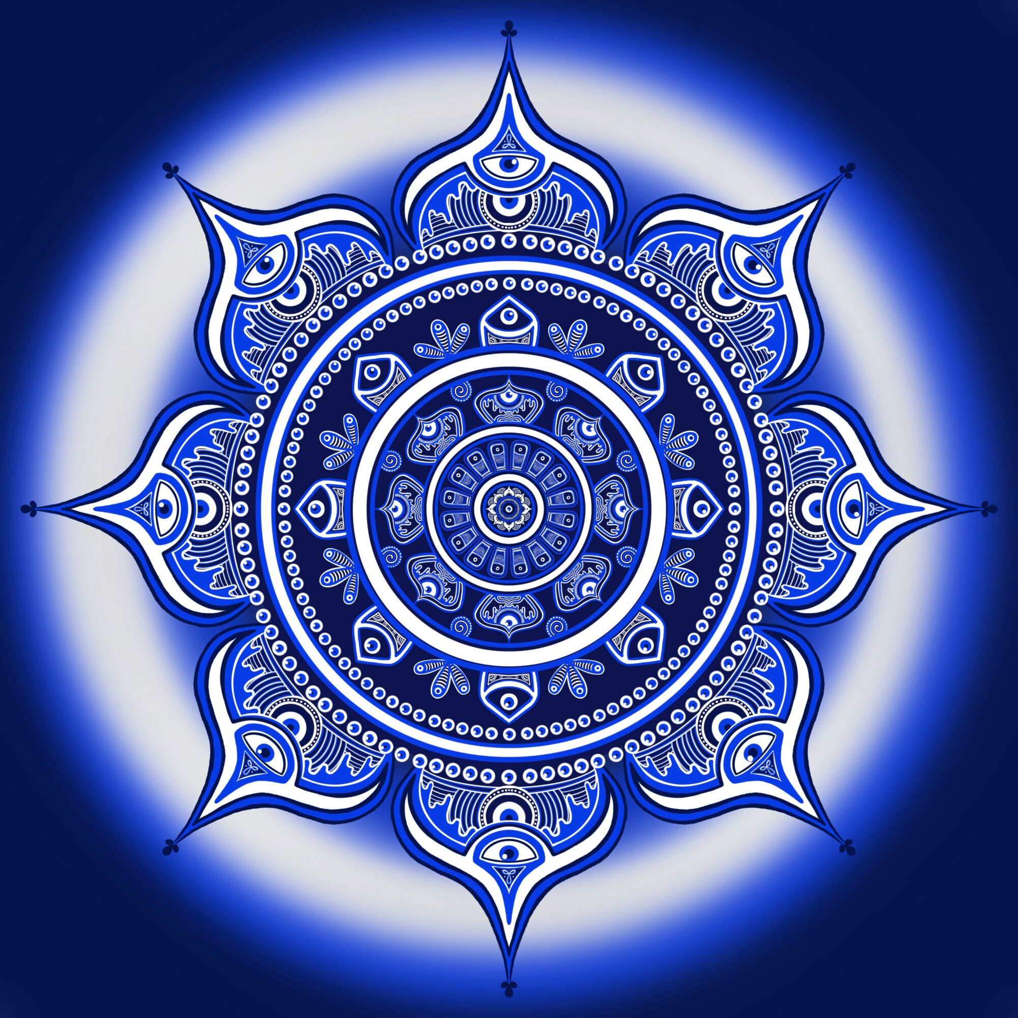 Intricate blue and white mandala with symmetrical patterns and pointed petal-like shapes radiating outward.