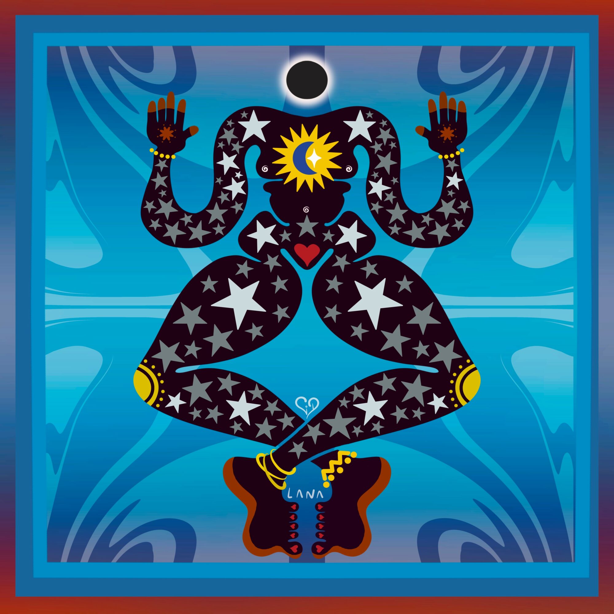 Colorful, stylized figure with star patterns, sitting cross-legged with hands raised, surrounded by a blue background and border.