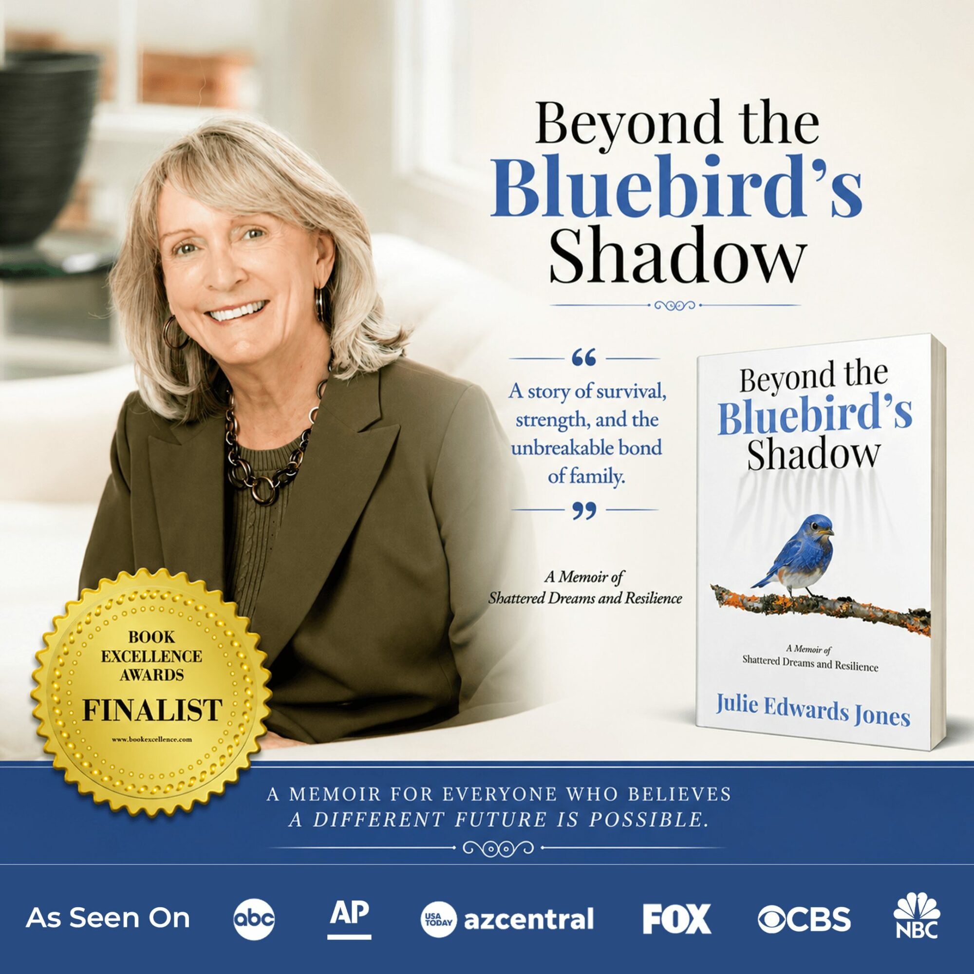 Smiling woman with gray hair in green blazer, book cover titled 'Beyond the Bluebird's Shadow,' gold award badge, and blue background.