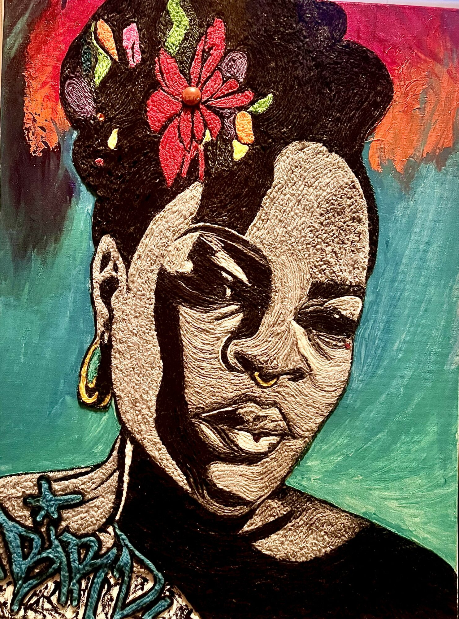 Portrait of a woman with flowers in her hair, earrings, and a confident expression, painted with bold colors and shading.