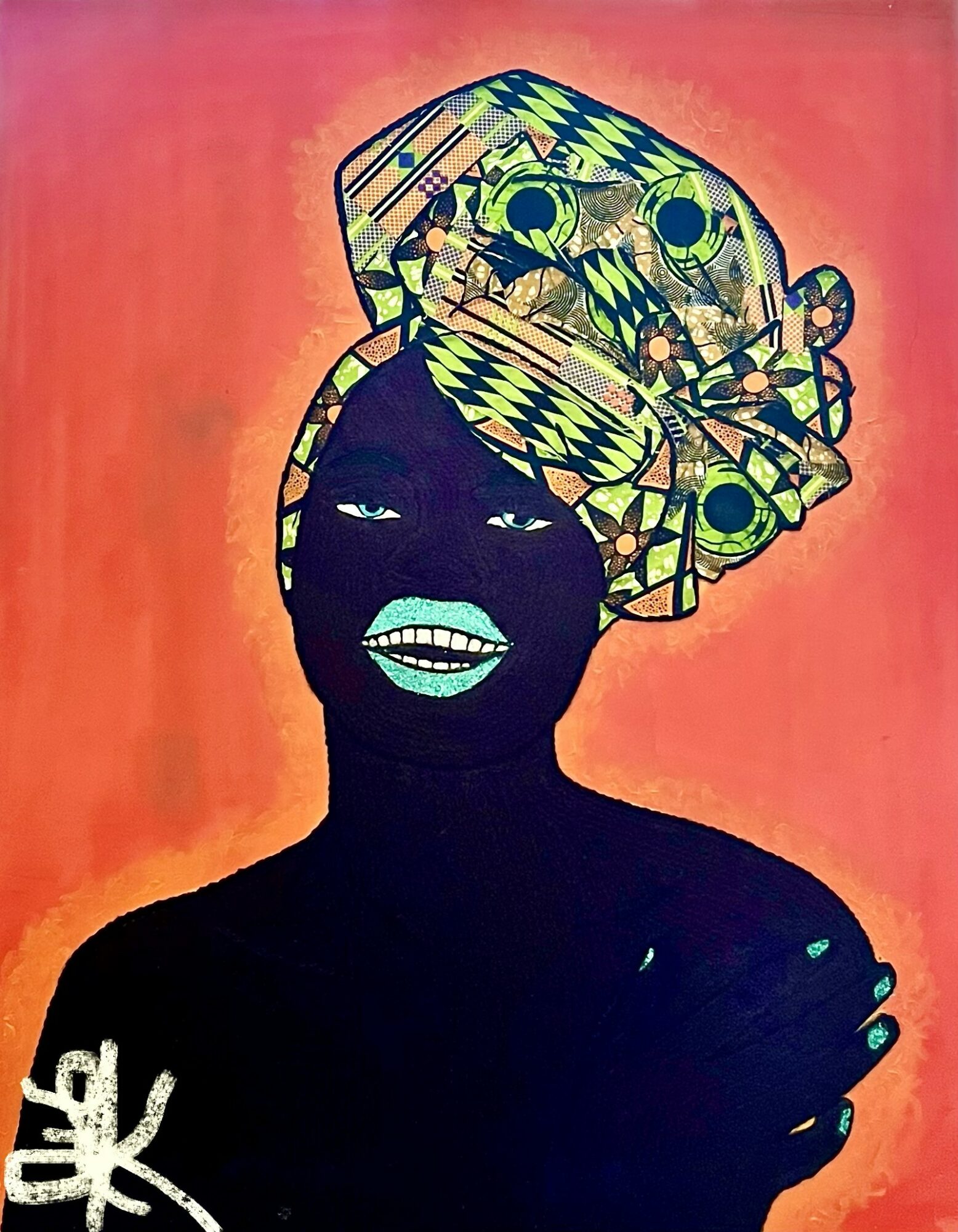 Silhouette of a woman with a colorful patterned headwrap and bright lips, against a pink background.