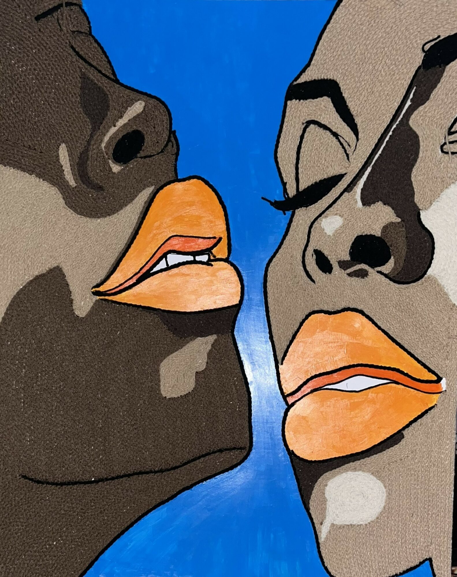 Close-up of two faces with lips nearly touching, one with darker skin and the other with lighter skin, against a blue background.