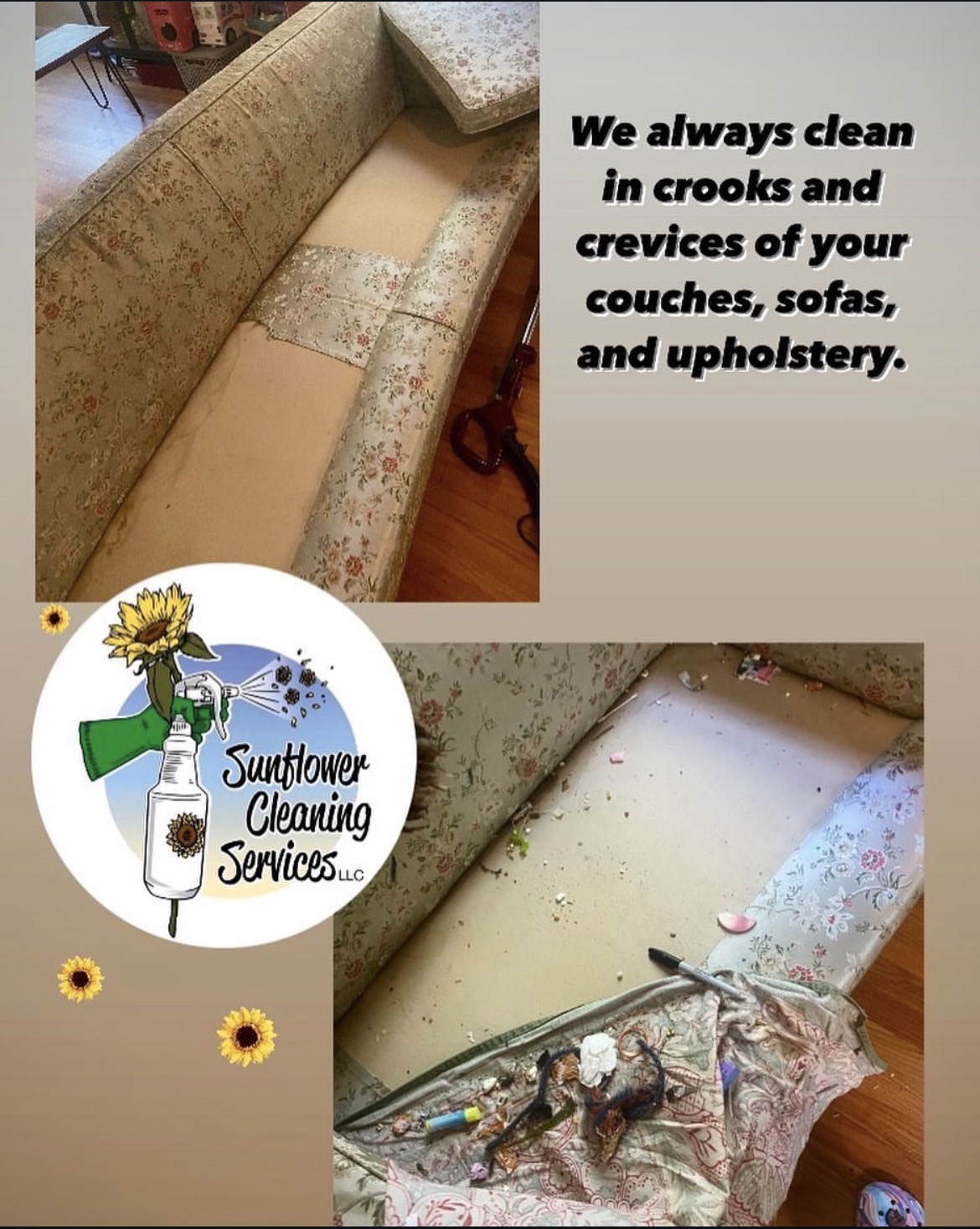 Upholstered sofa with visible stains, cleaning service logo, and a message about cleaning furniture and upholstery.