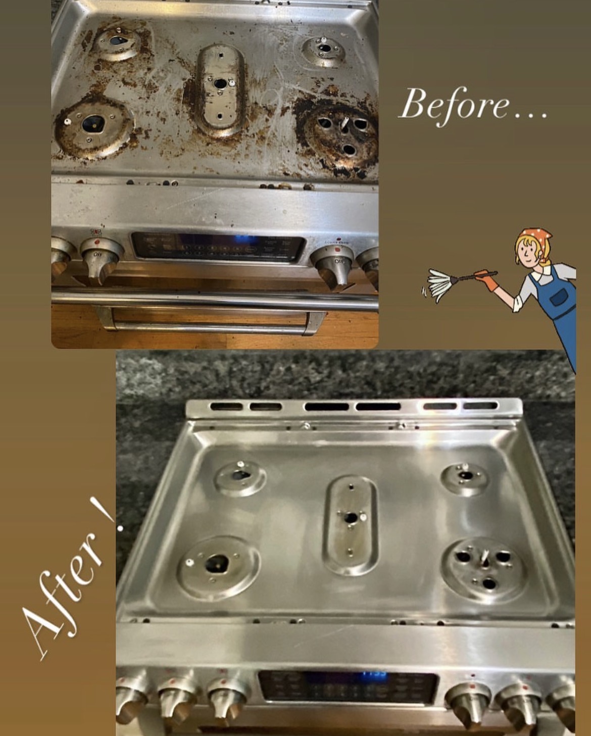 Comparison of a dirty, rusty stove top before cleaning and a clean, shiny stove top after cleaning, with text labels.