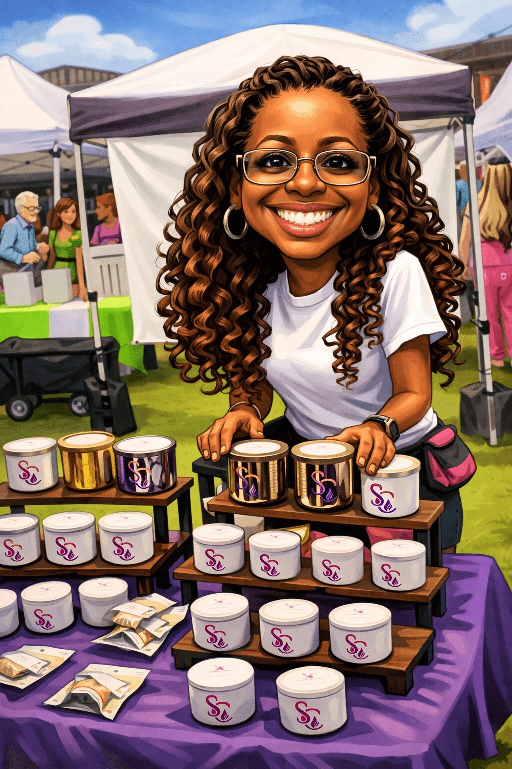 Smiling woman with curly hair and glasses stands behind a table with small jars at an outdoor market.