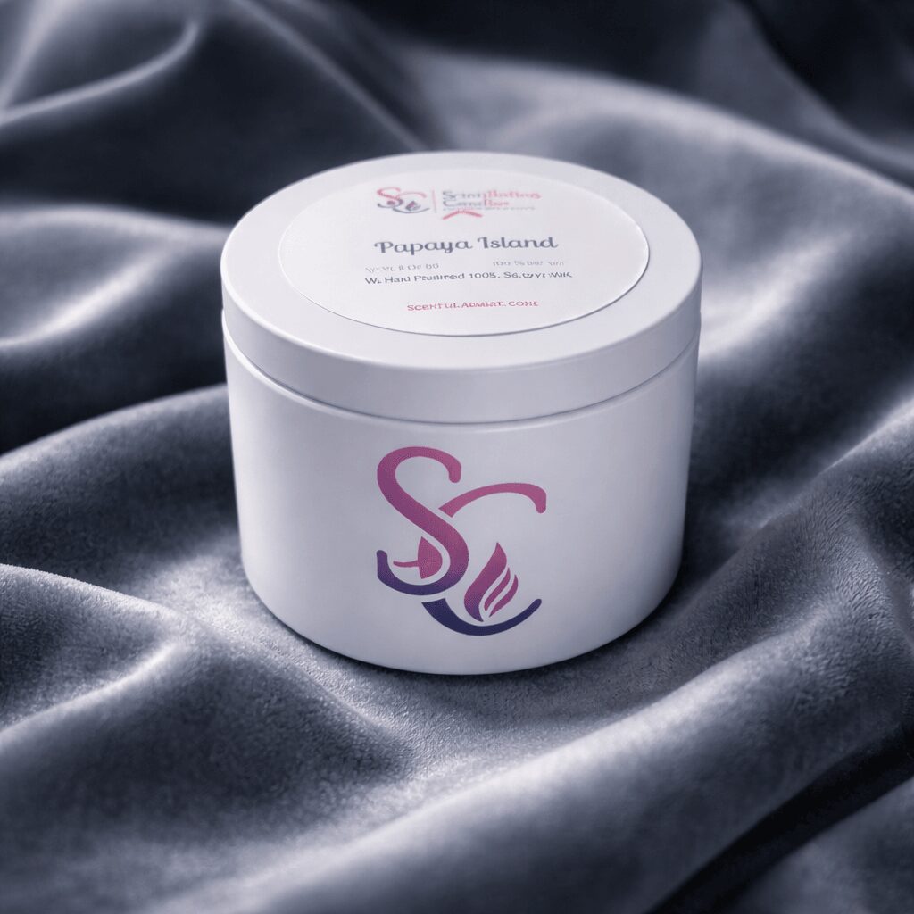 White container with a pink and purple logo on a dark, shiny fabric surface.
