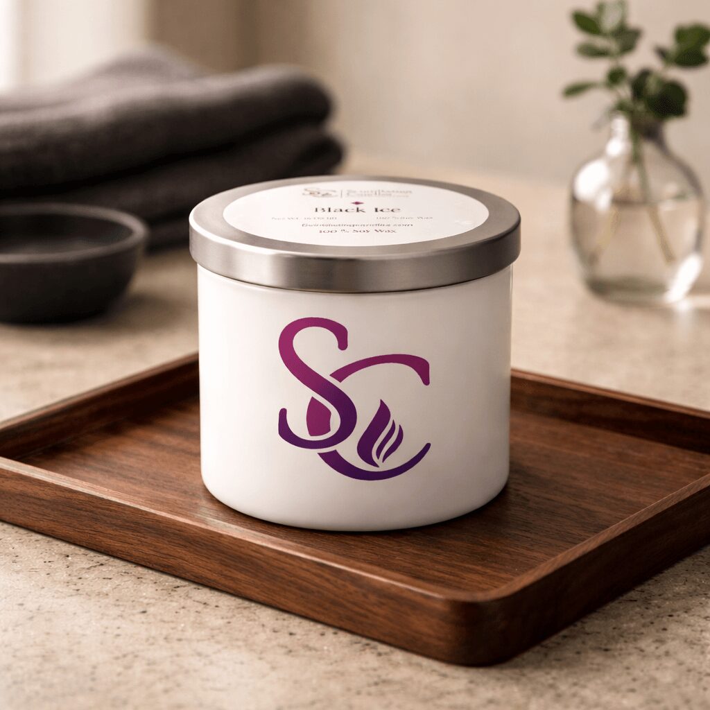 White container with purple logo on a wooden tray, background includes a black bowl, folded cloth, and a plant in a glass vase.