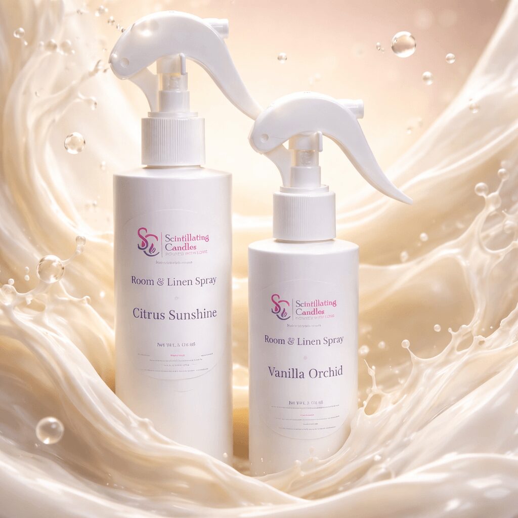 Two white spray bottles labeled Citrus Sunshine and Vanilla Orchid with swirling liquid background.