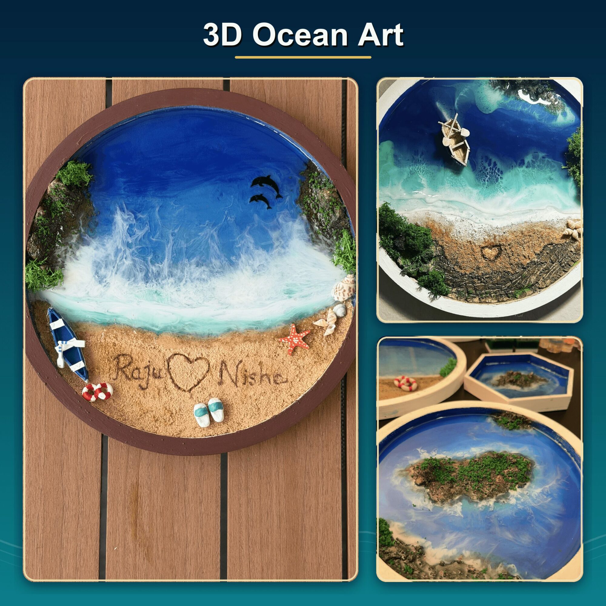 Three-dimensional ocean-themed art pieces with beaches, water, and boats displayed on a wooden surface.