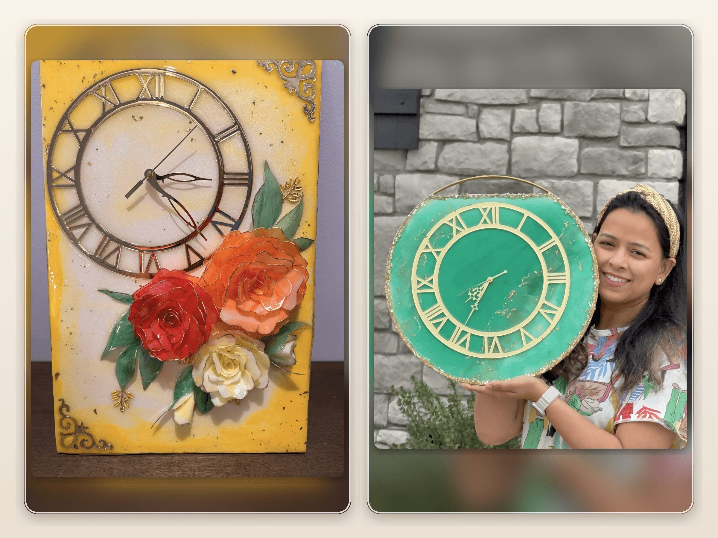 Clock with Roman numerals and flowers, and a woman holding a green clock outdoors.