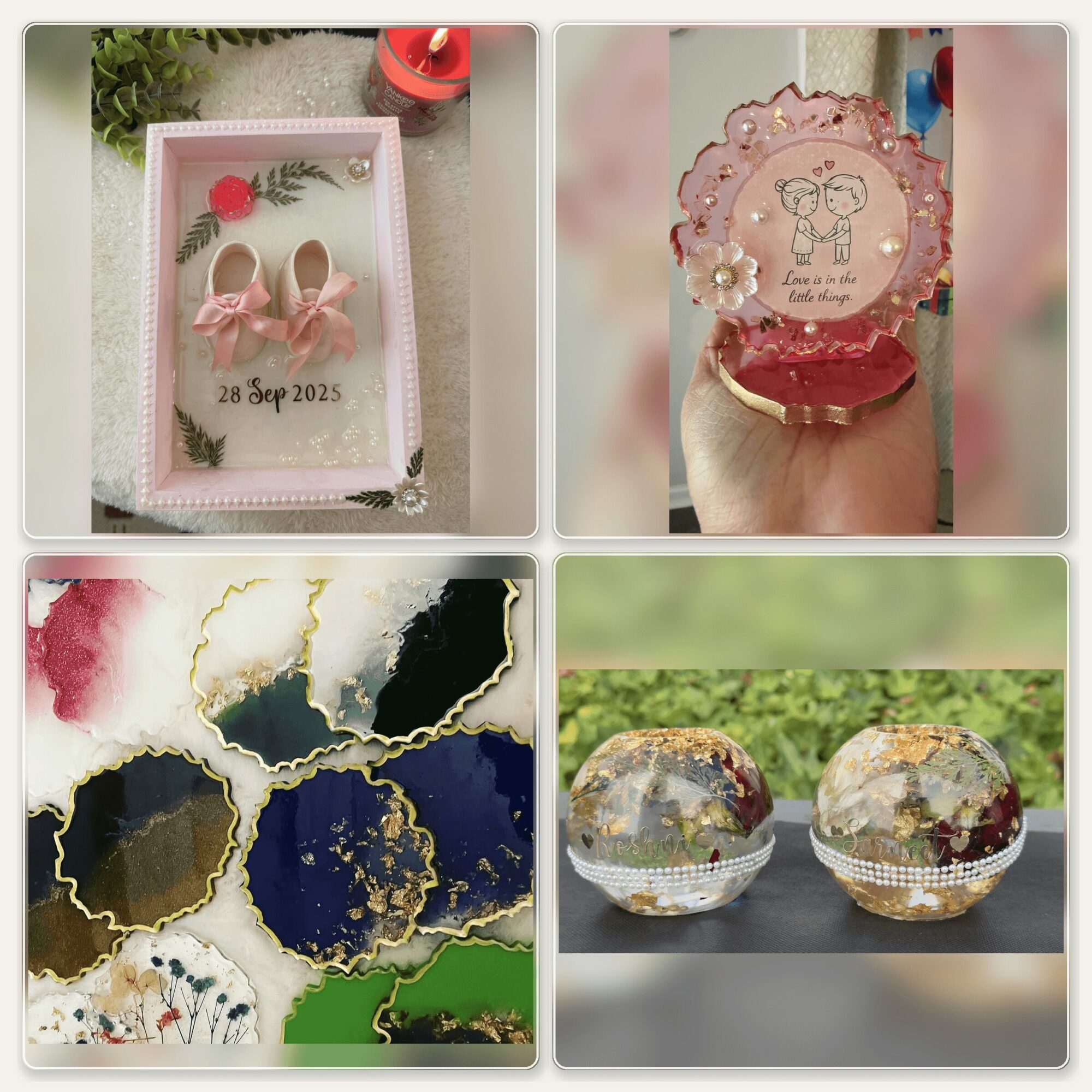 Four images: ballet shoes with a pink bow and date, decorative item with a drawing, colorful abstract art, two glass bowls outdoors.