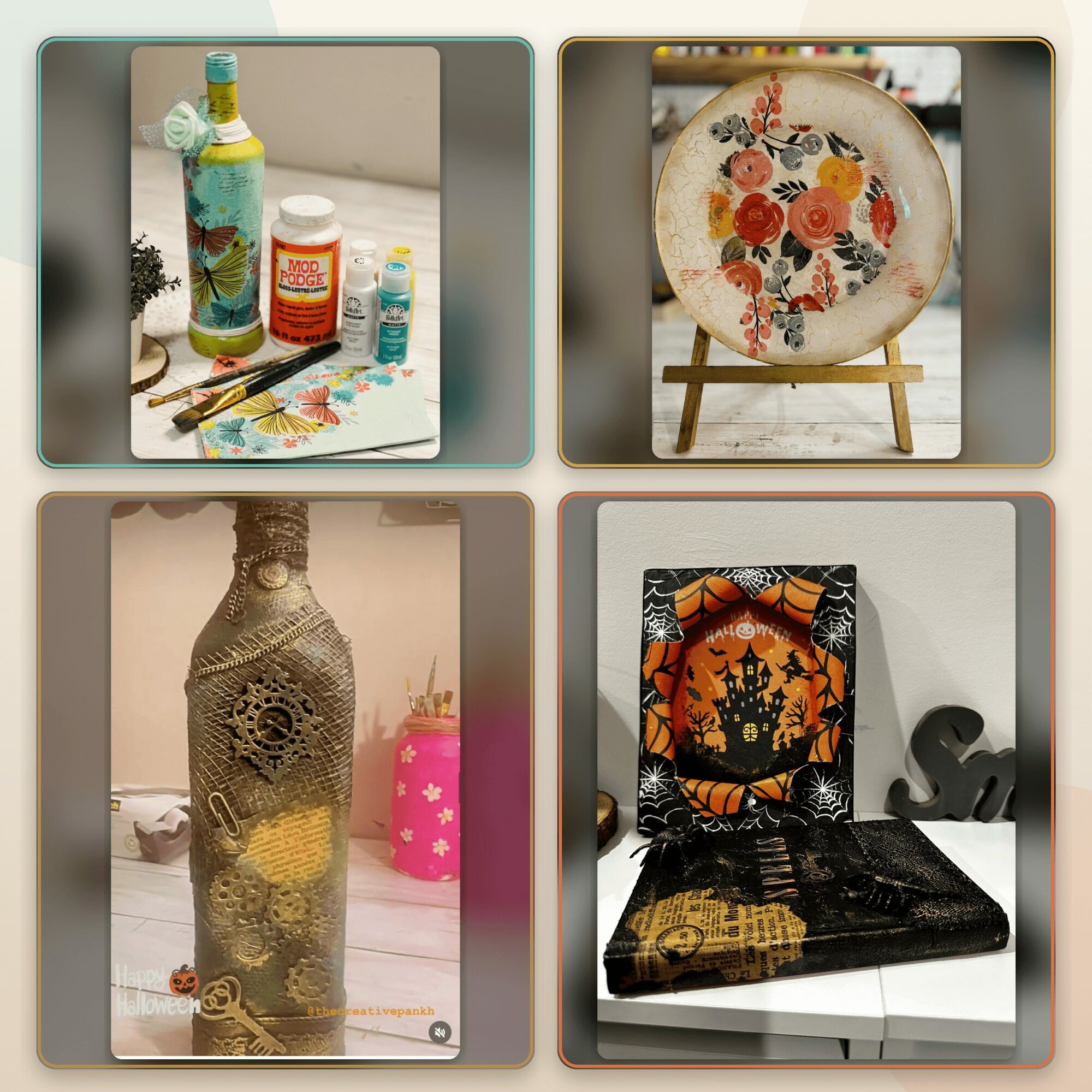 Four decorated objects: a craft supplies setup, a floral chair, a decorated bottle, and a Halloween-themed picture frame.
