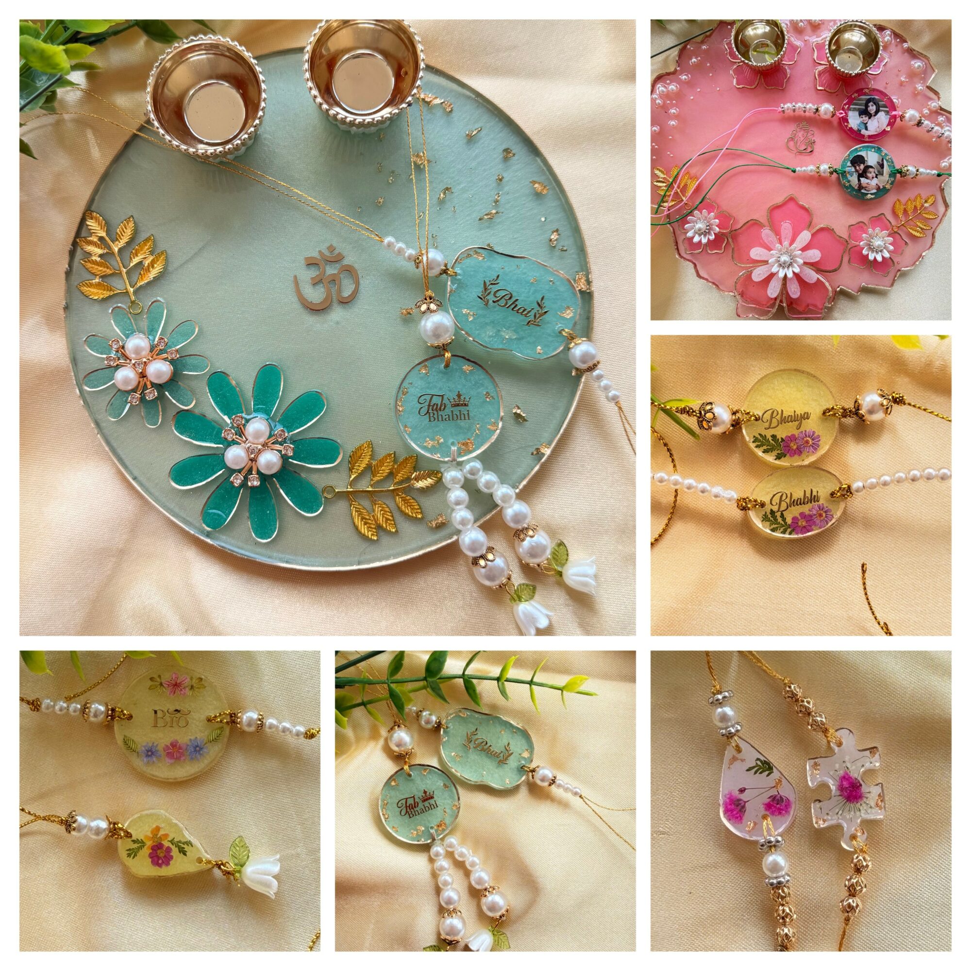 Jewelry including earrings, necklaces, and bracelets displayed on a blue plate and pink background, with floral and decorative elements.