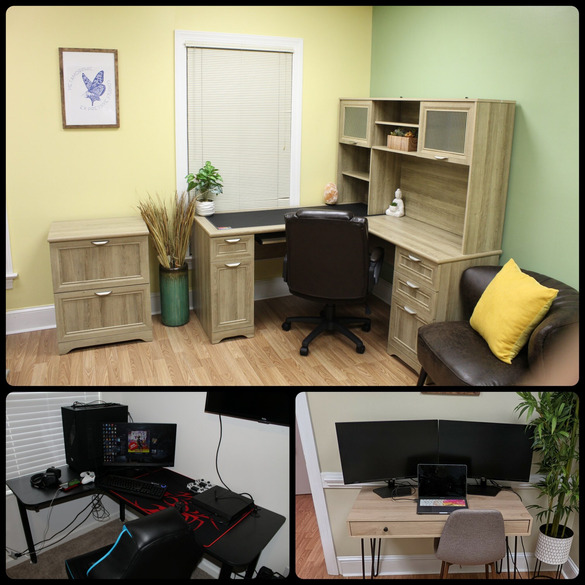 Home office with desk, chair, bookshelf, and a window with blinds, decorated with plants and a framed picture, hardwood floor.