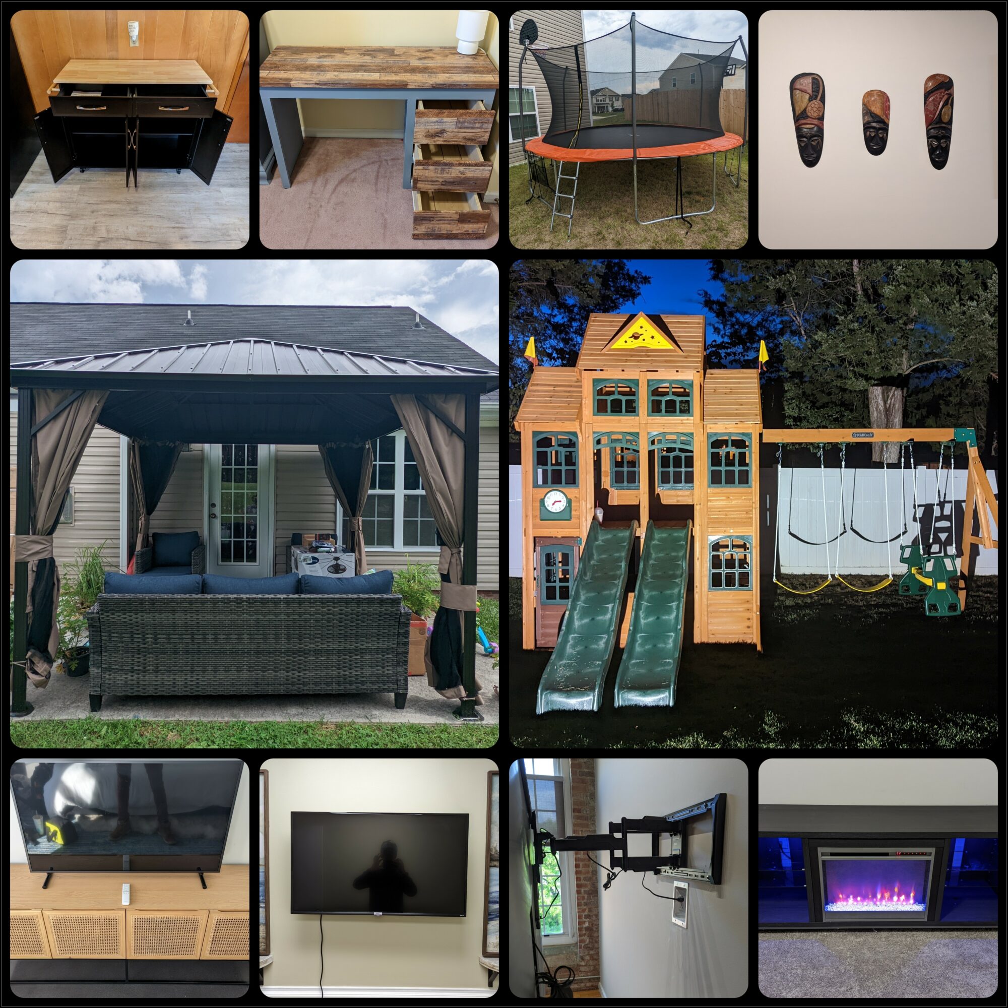 Various outdoor and indoor play and furniture items, including a trampoline, swings, a playhouse, and electronic devices.