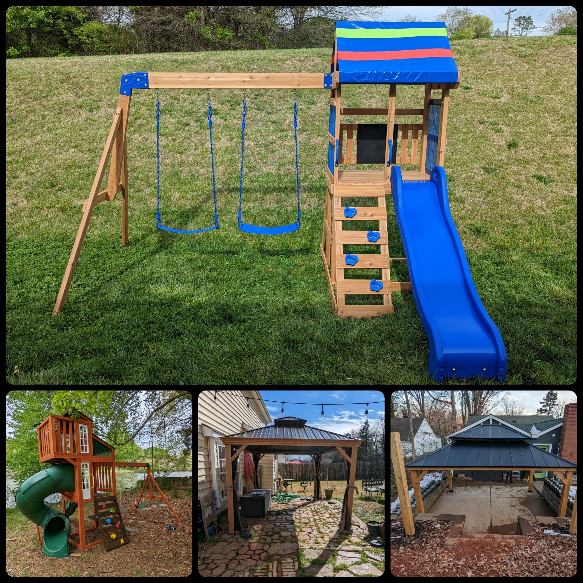 Children's outdoor playset with swings, slide, and climbing stairs on grass, with three additional play areas below, including a spiral slide, a shaded structure, and a house with a roof.