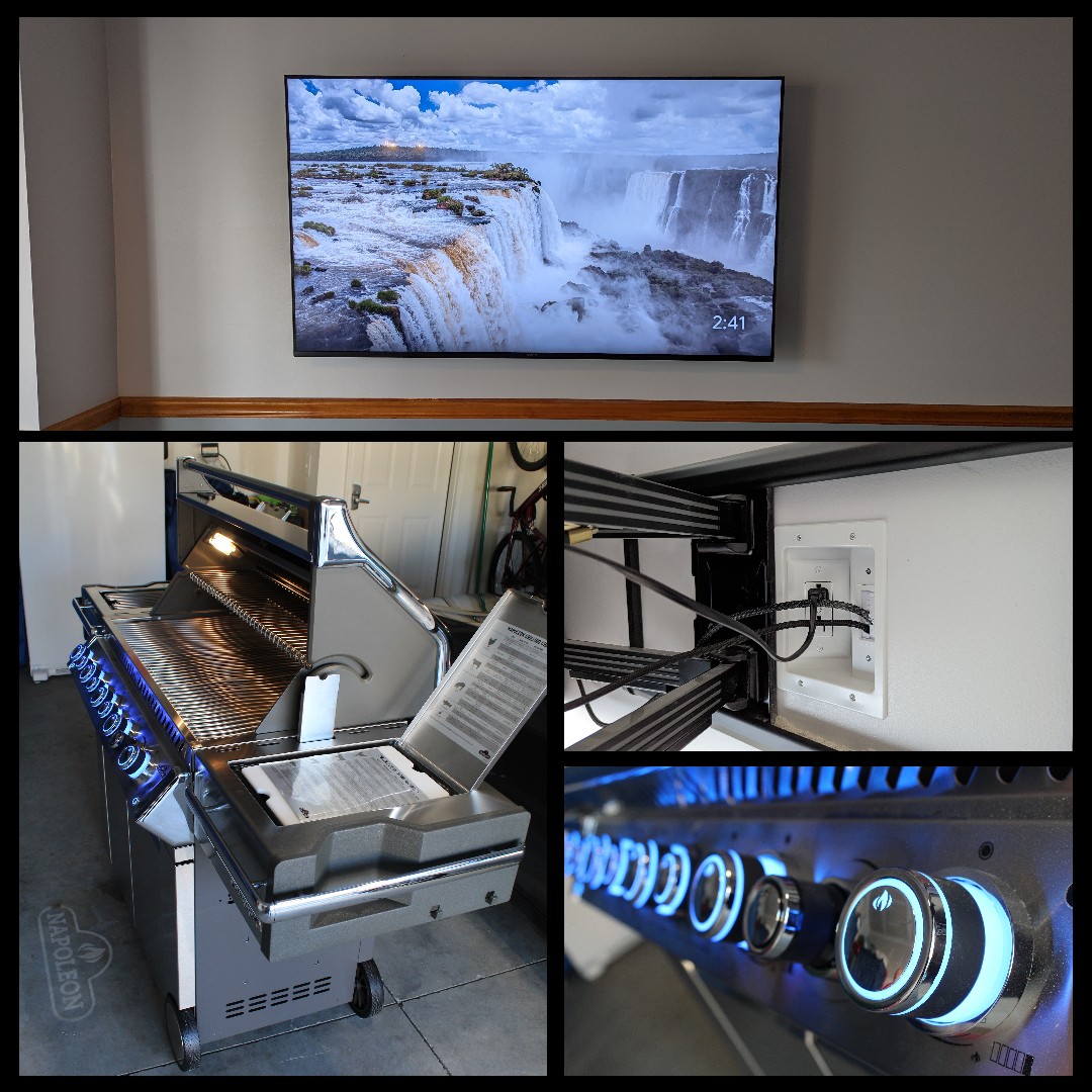 Flat-screen TV displaying a waterfall scene, computer server with cables, and a close-up of server lights, all in a room.