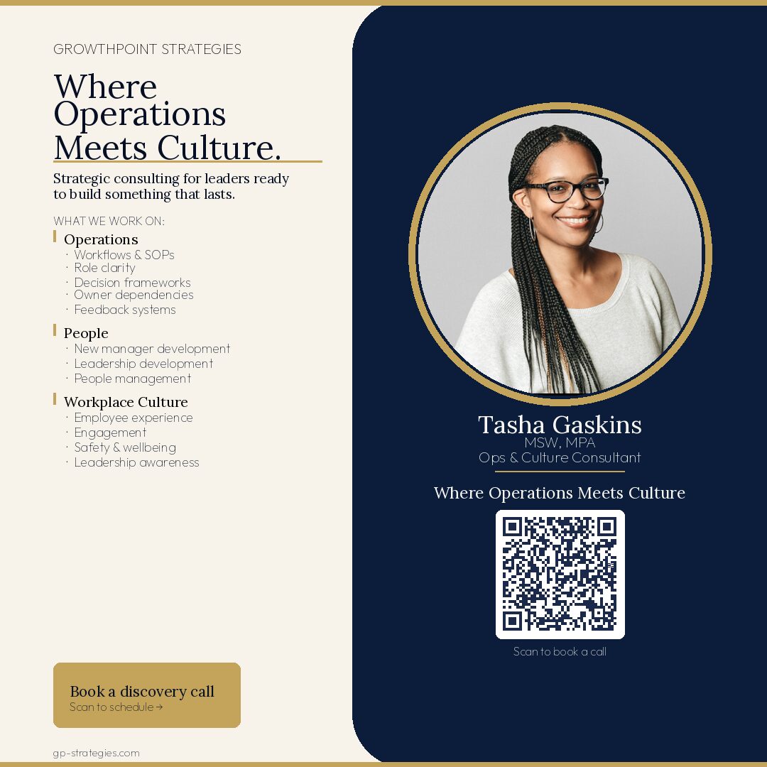 Professional woman with glasses smiling, circular frame, dark background, text about operations and culture, QR code, book call button.