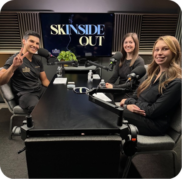 Three people sit at a table with microphones, smiling, in a recording studio with a screen behind them displaying 'SK INSIDE OUT'.