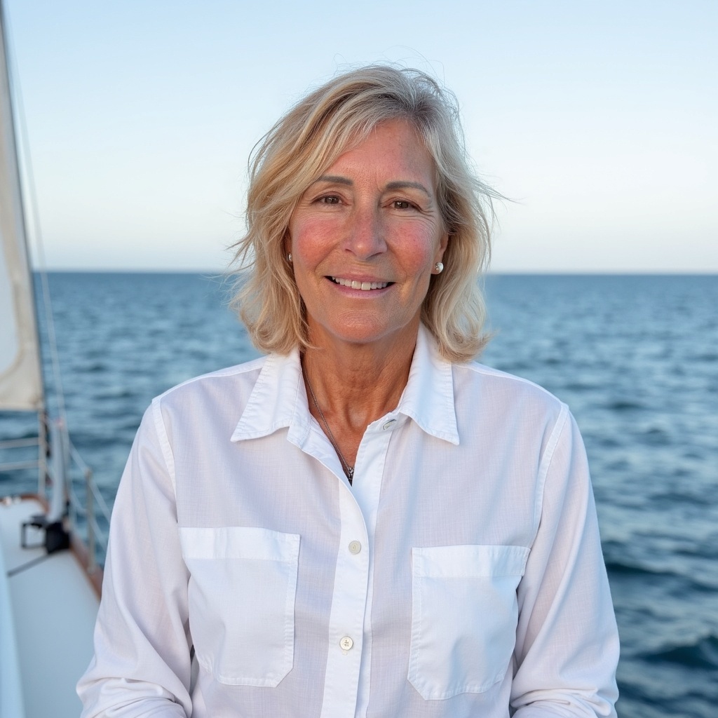 Smiling woman with blonde hair in a white shirt, standing on a boat with ocean background.