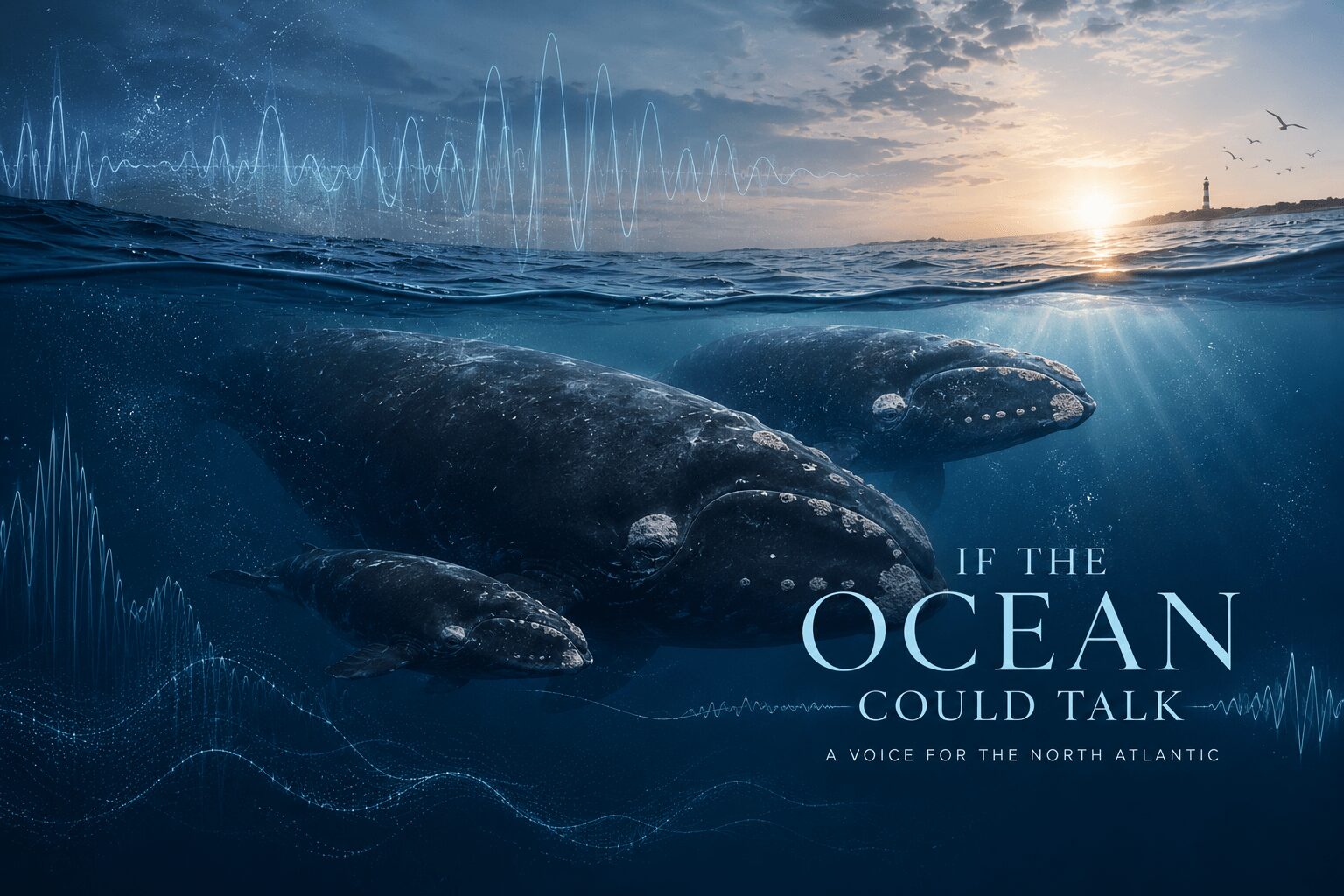 Underwater view of whales swimming with sunset in the background, with text about the ocean talking, voice for North Atlantic.