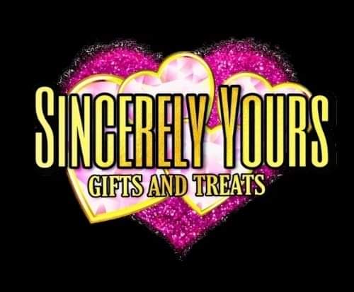 Text reads 'Sincerely Yours Gifts and Treats' over pink glittery hearts on black background.