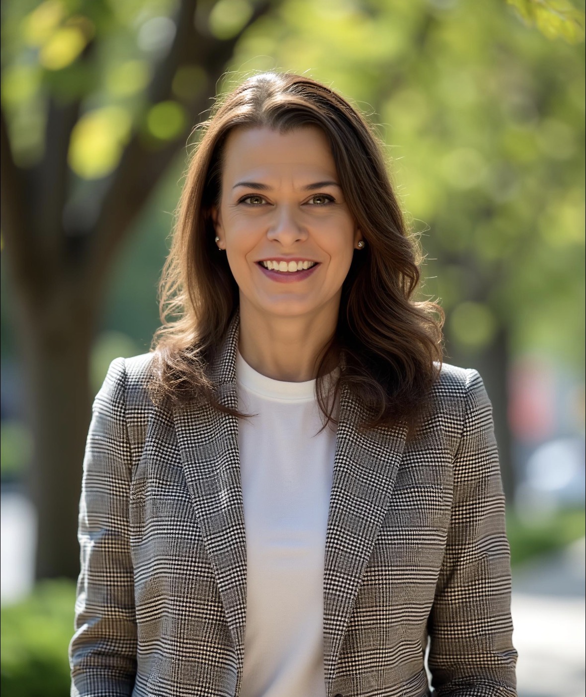 Smiling woman with shoulder-length brown hair, wearing a checkered blazer and white shirt, outdoors with green trees in background.