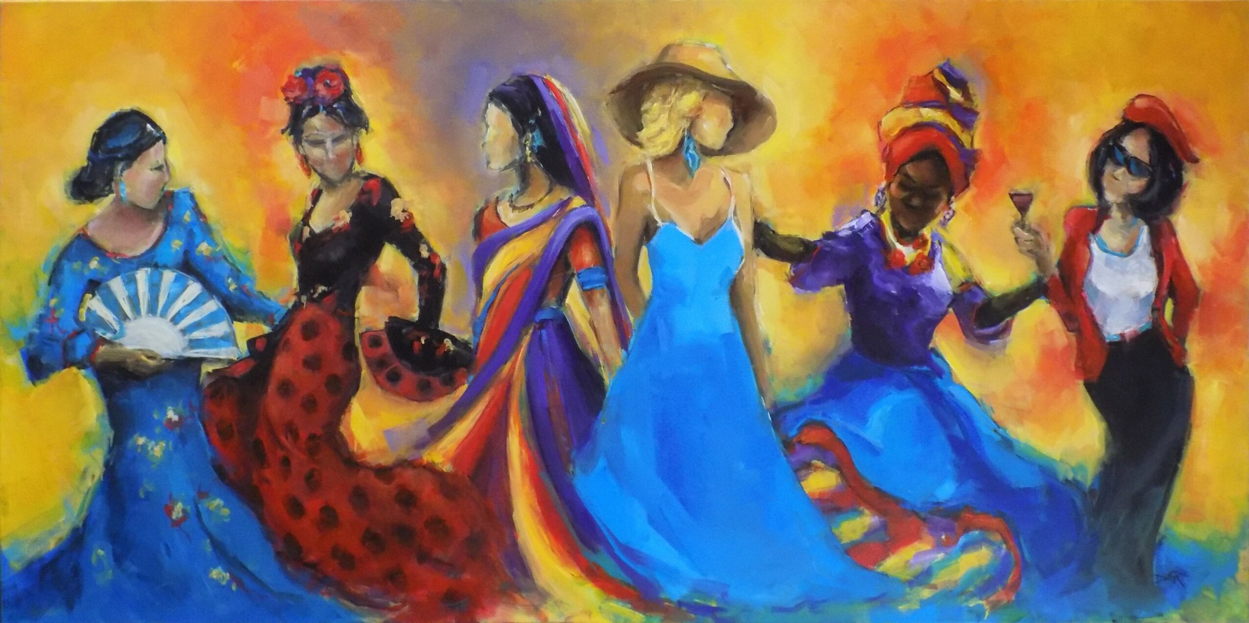 Six women in colorful dresses dancing and holding accessories against a warm background.