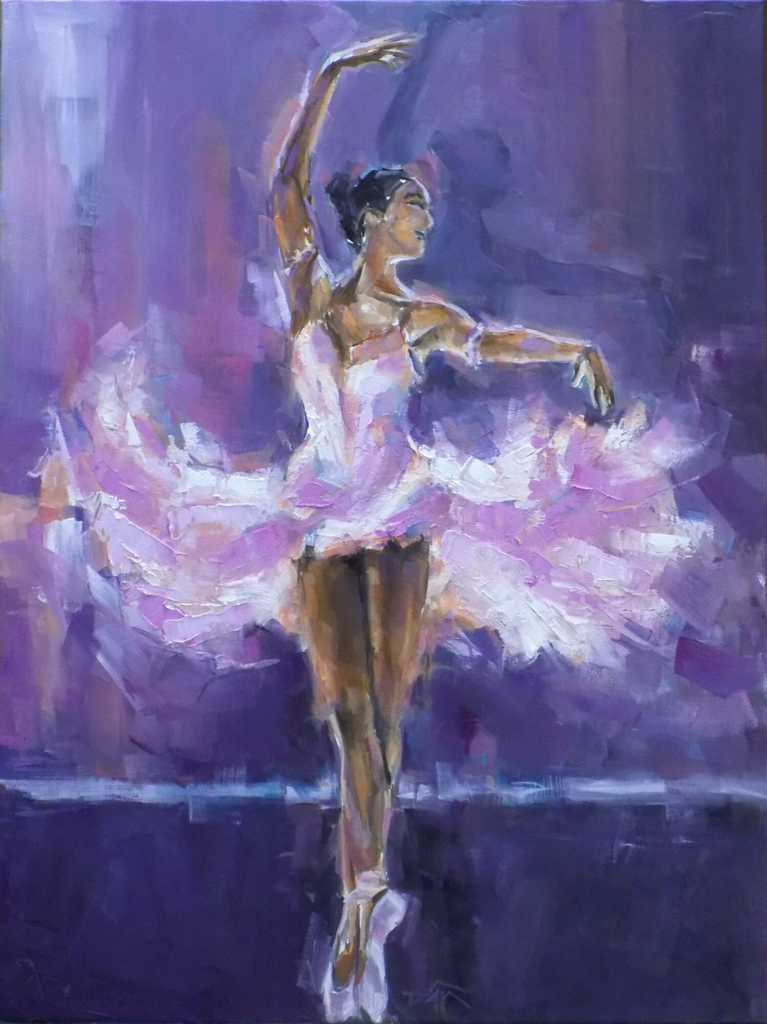 Ballet dancer in a pink tutu performing on stage with arms raised and one leg extended, purple background.