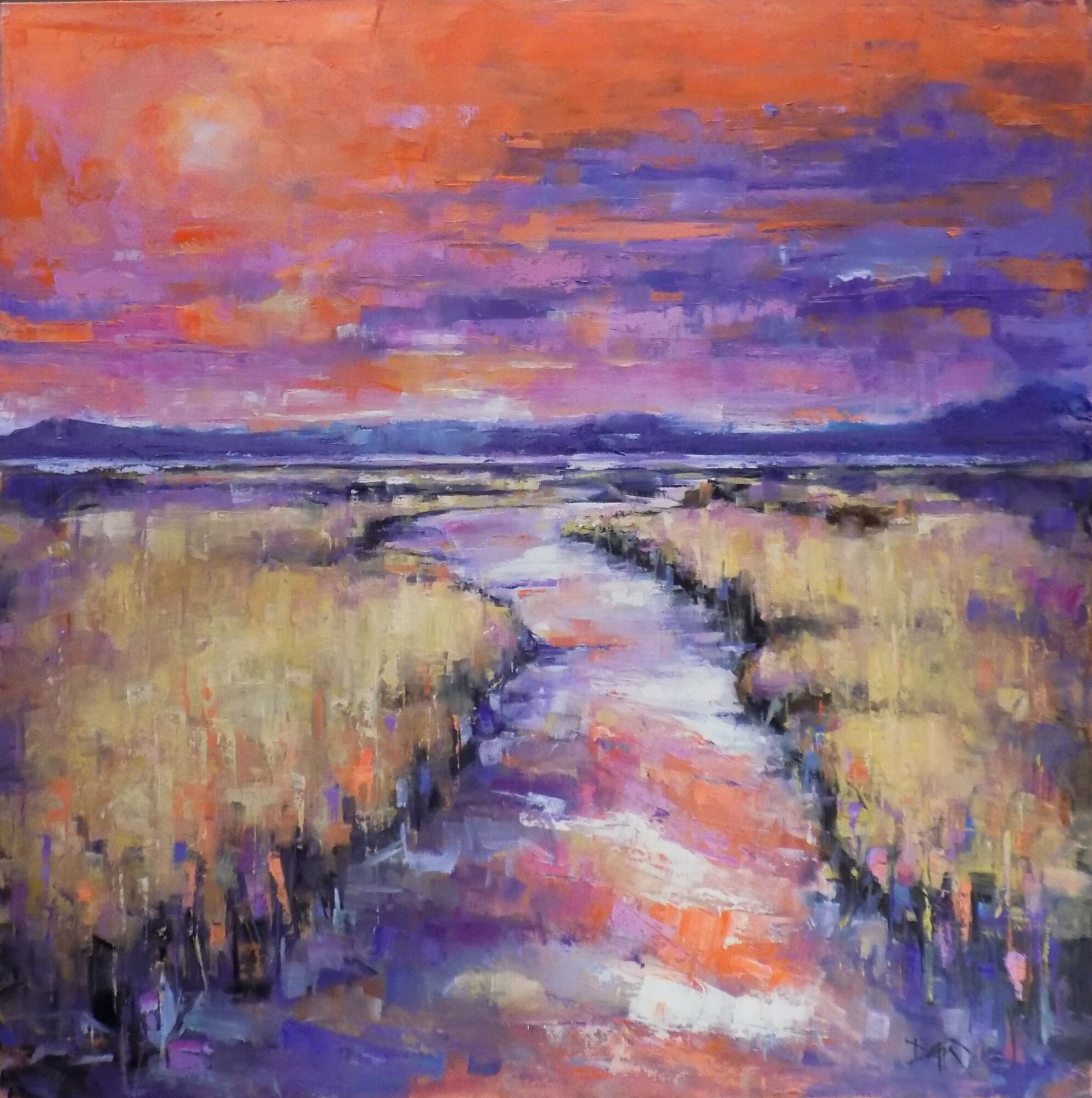 Landscape painting of a winding river through a field with a colorful sky, using impressionistic brushstrokes.