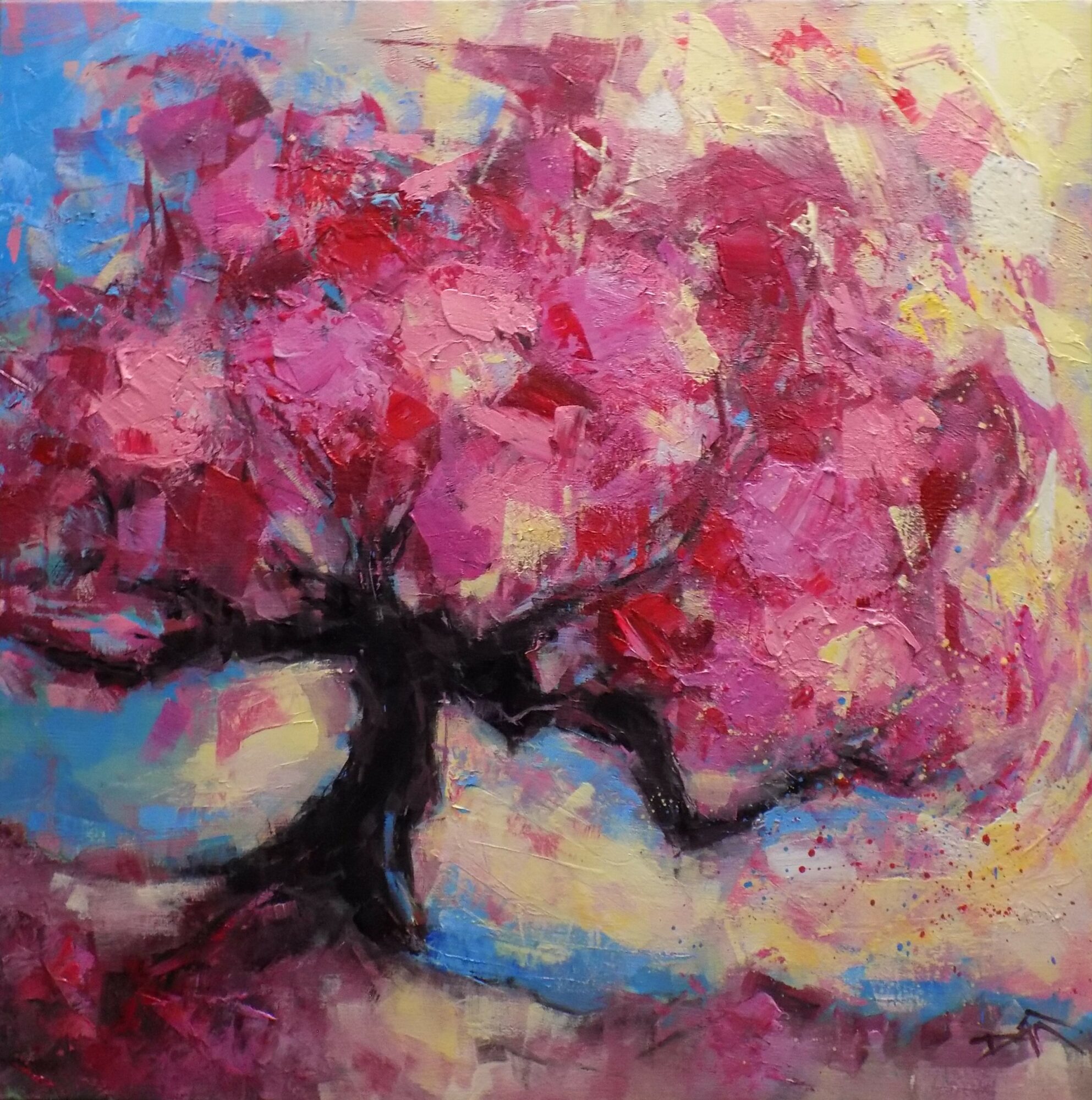 Abstract painting of a pink flowering tree with a dark trunk, colorful background, and textured brushstrokes.