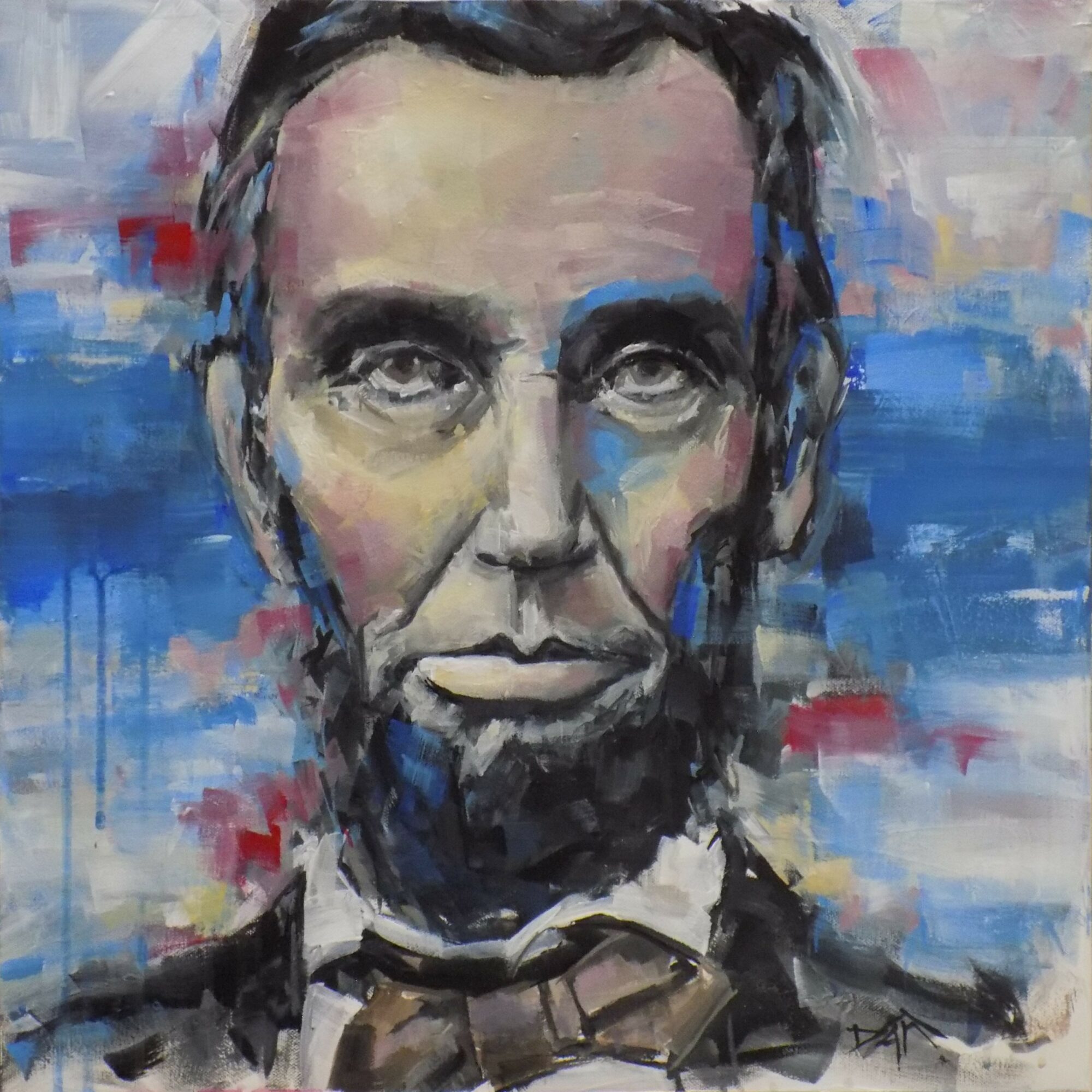Portrait of a man with a beard, wearing a suit and bow tie, painted in an abstract style with bold brushstrokes.