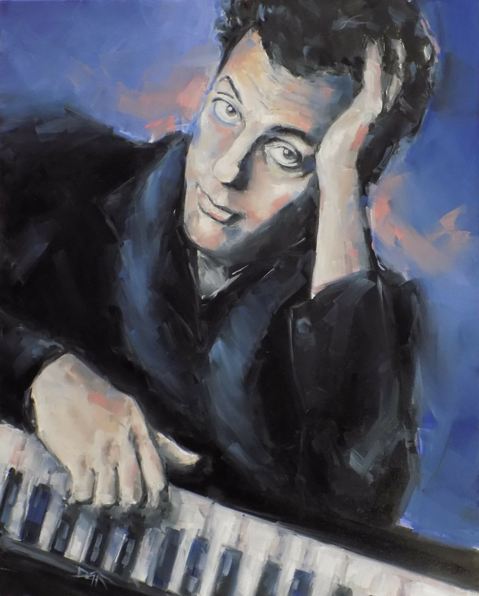 Portrait of a person with dark hair resting their head on their hand, leaning on a piano keyboard, painted in expressive brushstrokes.