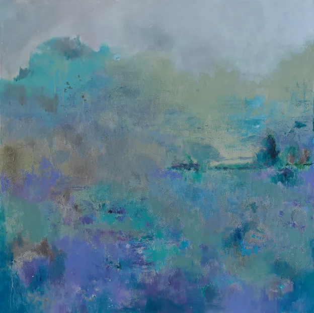 Abstract landscape with blue, green, and purple hues, blurry trees and sky in the background.
