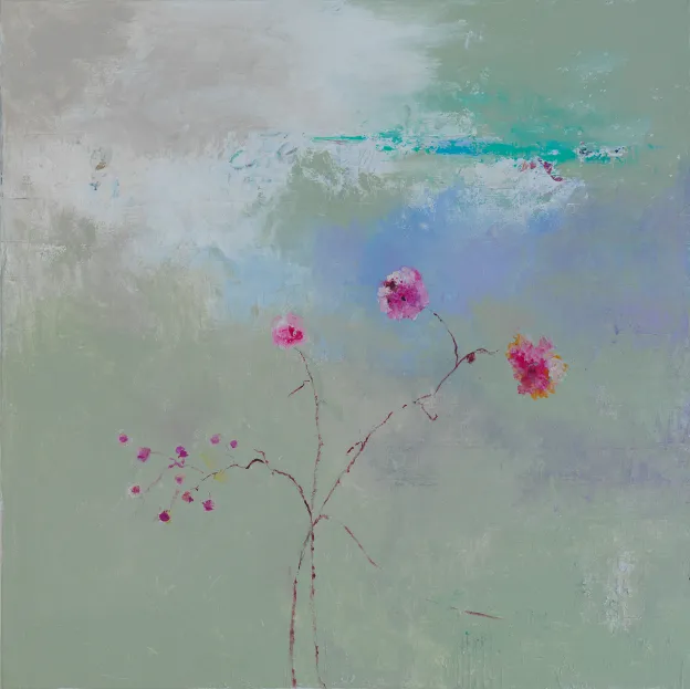 Abstract painting with a light green background and pink flowers on thin, curved stems.