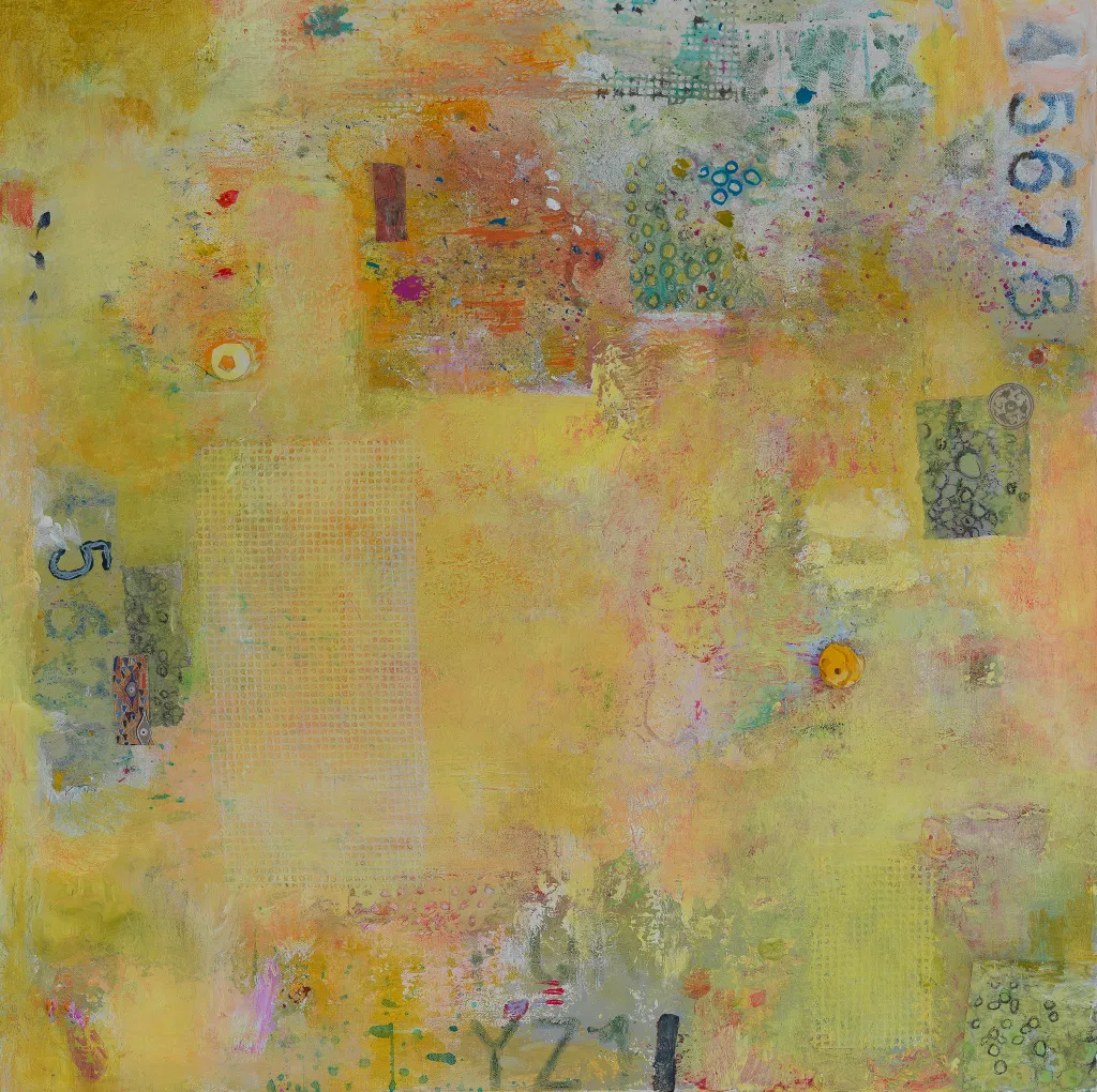 Abstract colorful painting with numbers and patterns, mostly in yellow, orange, and green hues.