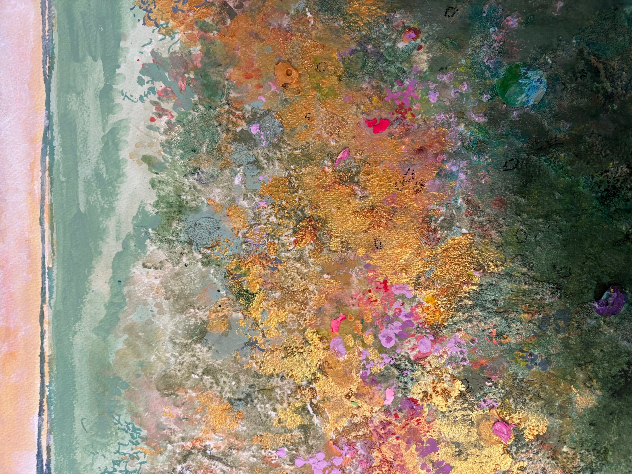 A colorful abstract painting with various shades of pink, purple, orange, and green, resembling a floral or nature scene.