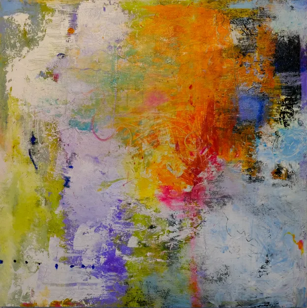 Abstract painting with vibrant colors including orange, purple, blue, green, and white, with textured brushstrokes and blending.