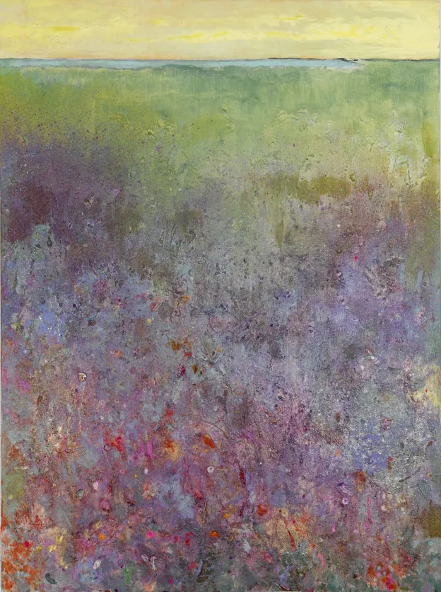 Abstract landscape with a yellow sky, green horizon, and a textured purple and pink foreground.