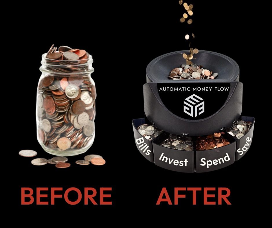 Comparison of a jar of coins before and a coin sorter after, with coins falling into the machine, black background.