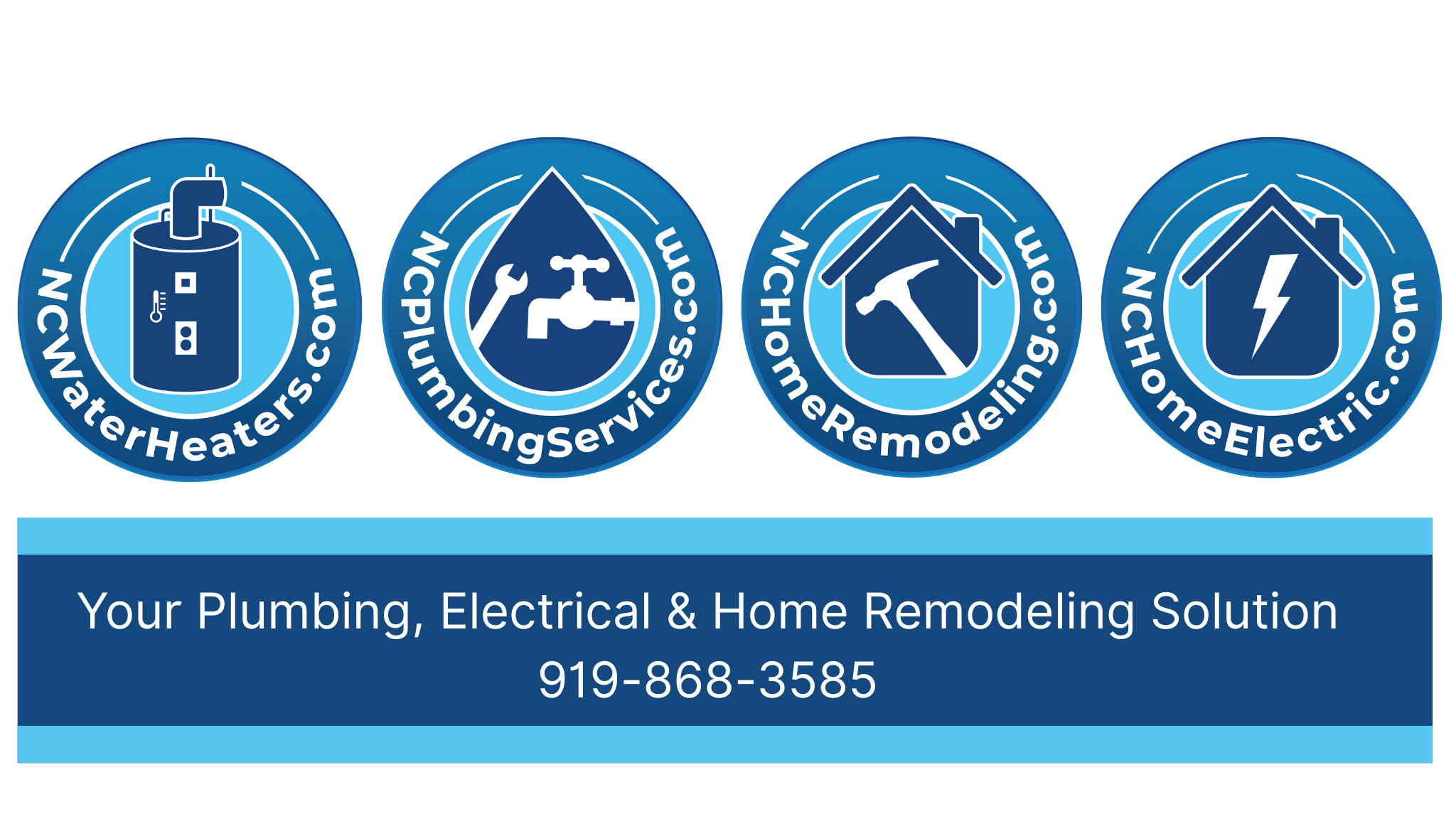 Four circular icons representing plumbing, HVAC, home remodeling, and electrical services, with a blue banner displaying contact information.