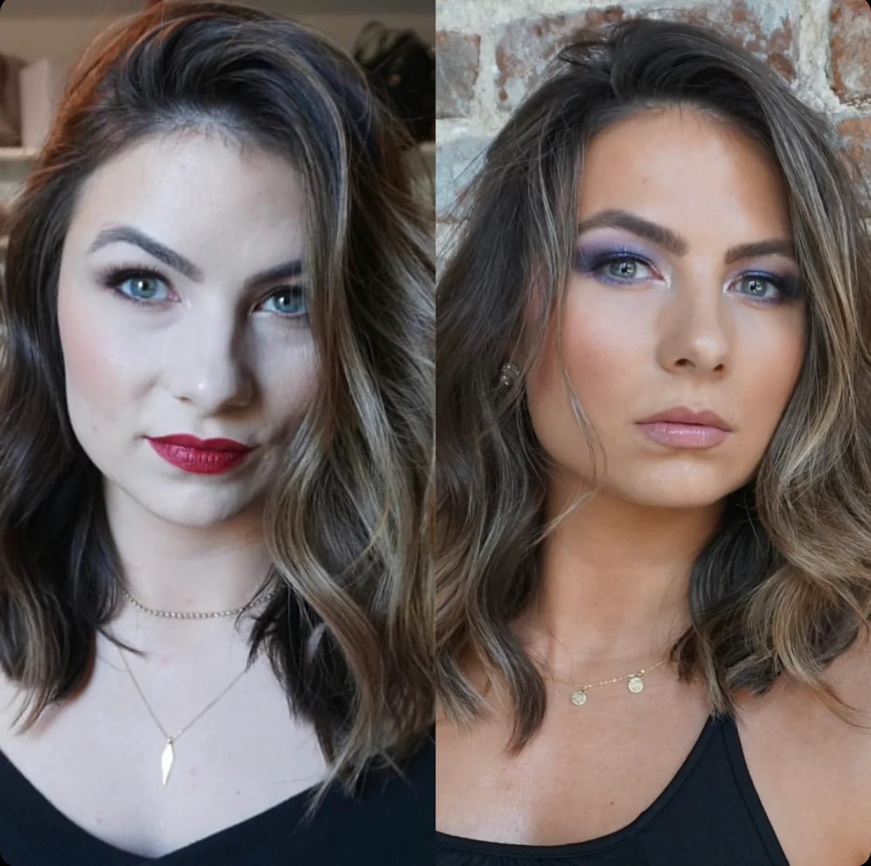Two women with styled hair and makeup, posing for a photo against a brick wall background.