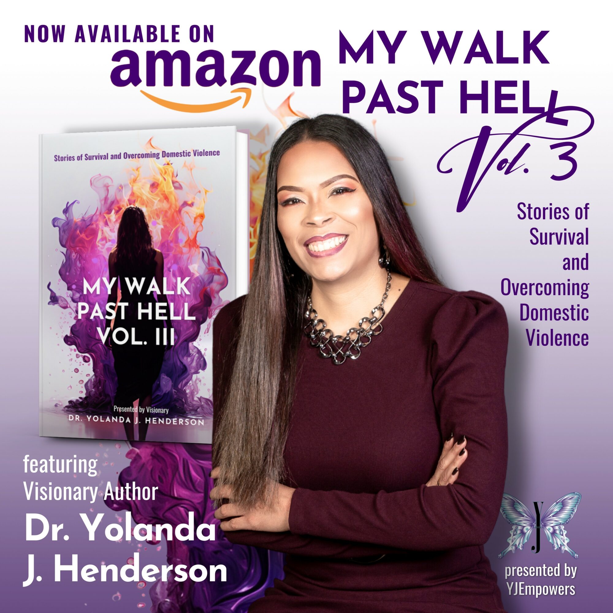 Smiling woman with long dark hair in maroon top, promotional book cover background, purple butterfly, and text about her book.