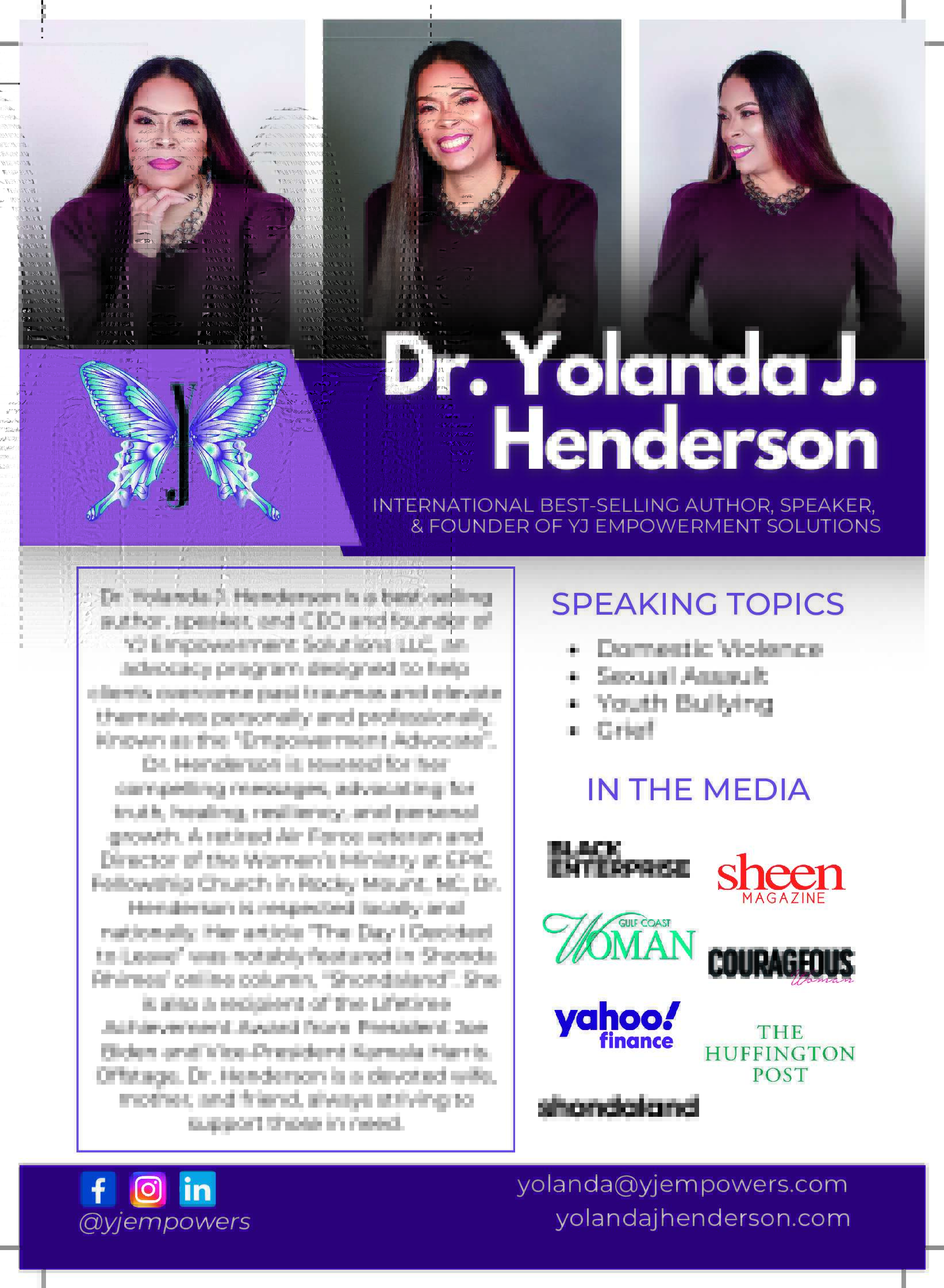 Three photos of Dr. Yolanda J. Henderson, smiling, with purple background and butterfly graphic, text about her achievements and speaking topics.