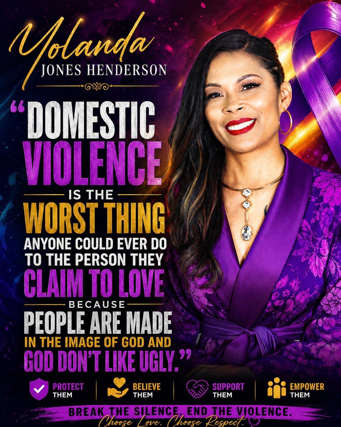 Woman with long dark hair wearing purple dress, smiling, with purple ribbon in background, and quote about domestic violence.