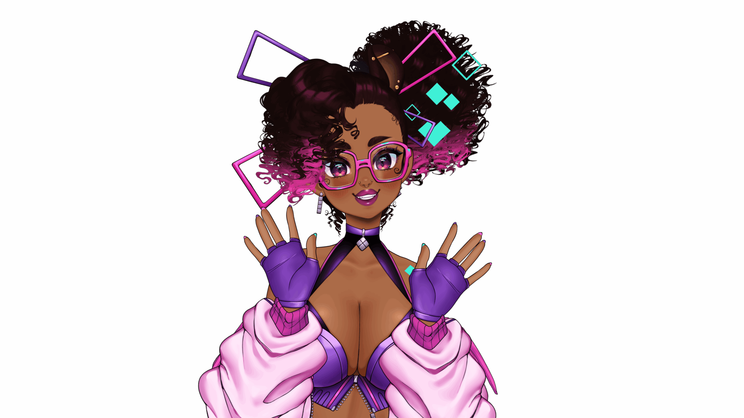 Animated character with curly hair, glasses, purple gloves, and futuristic geometric accessories, smiling with hands raised, black background.
